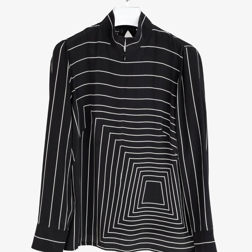 Akris Black Taupe Geometric Stripes Zip-Front Silk Blouse